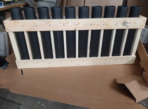 3″ rack with 10 tubes, 20″ long. 3/4″ divider between each tube