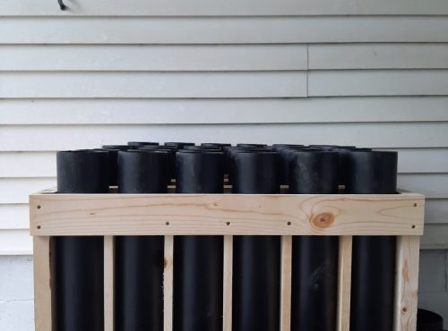 4″ rack with 6 tubes, 24″ long. 3/4″ divider between each tube